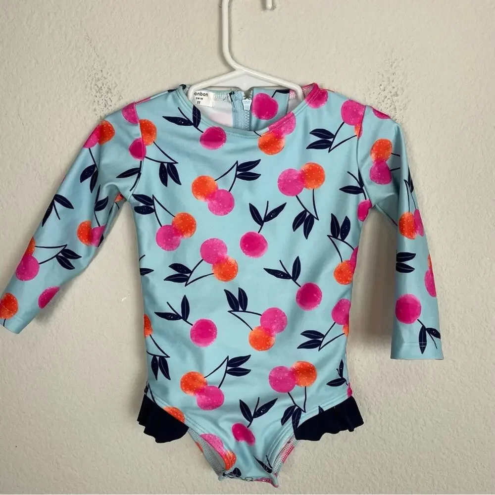 Bon Bon Blue Cherry Print Long Sleeve One Piece Swim Suit 1T